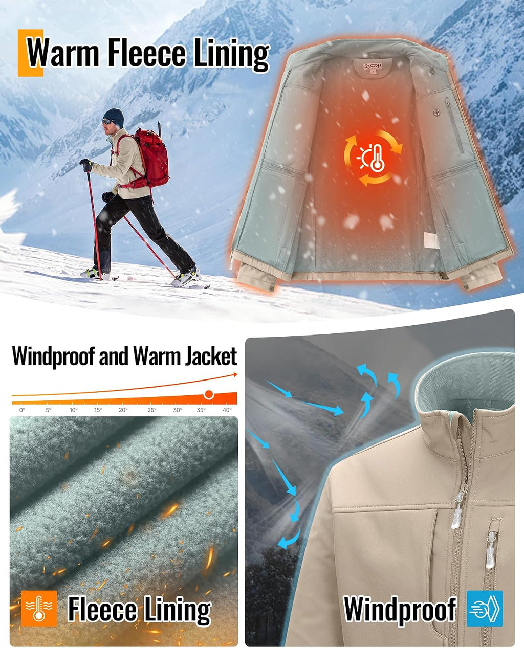 33,000ft Men's Lightweight Softshell Jacket Fleece Waterproof Windbreaker