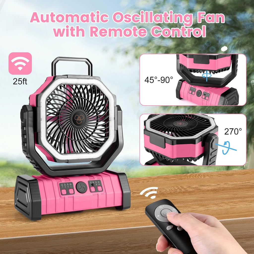Odoland 30000mAh Camping Fan with LED Lantern, Rechargeable Battery Fan | Operated Oscillating Fan with Remote & Hook, Portable Tent Fan with Timer, 4 Speeds for Outdoor Camp RV Power Outage, Pink