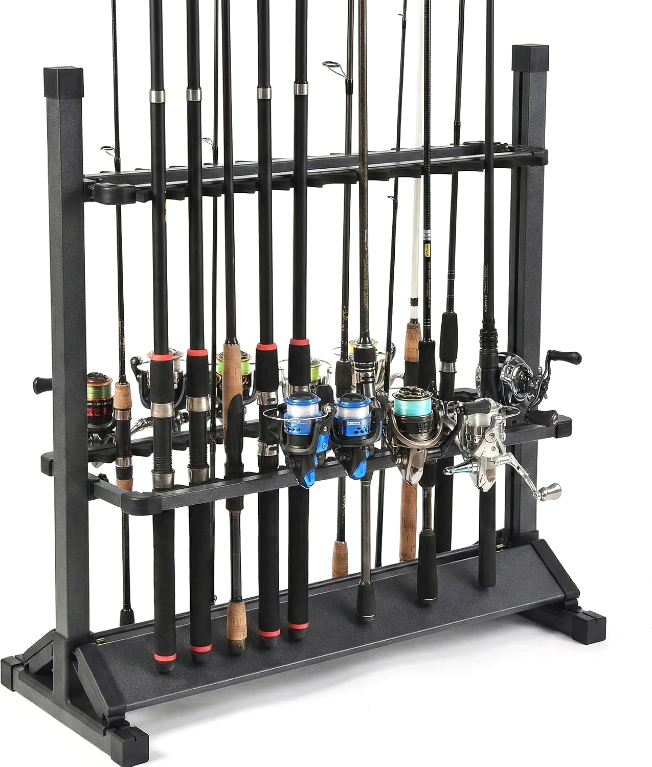 24-Rod Aluminum Fishing Rod/Pole Holder, Rustproof Fishing Rod Rack with 360° Lockable Wheels, Multi-Functional Storage Organizer for Garage & Home, Fits Most Rods & Golf Clubs (Black)