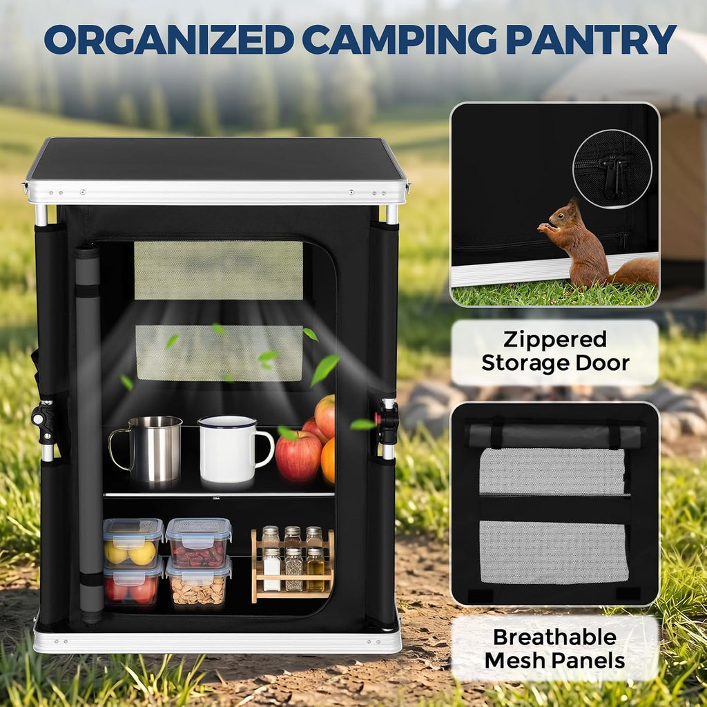 EAGLE PEAK Outdoor Folding Camping Table with Large 3-Tier Storage Organizer and Side Pockets, Easy Set Up Portable Aluminum Camping Kitchen, Black