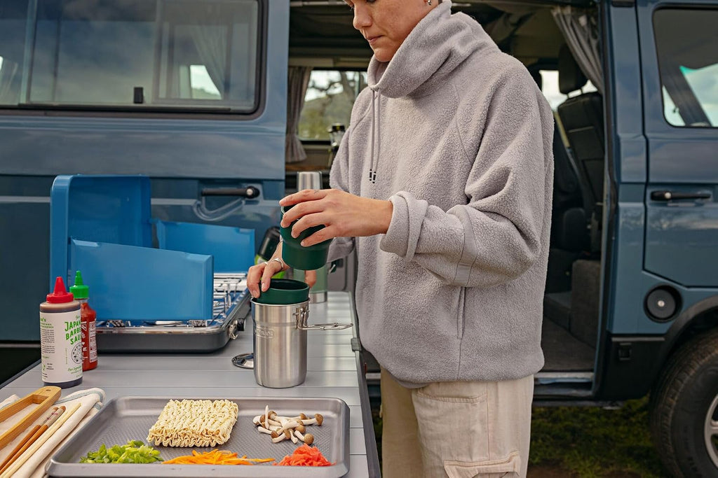Stanley Wildfare Go 4-Piece Stainless Steel Two Cup Cook Set | 32 oz Pot and Lid with Fold & Lock Handle | 2 Stacking Cups | Camping Essentials for Your Camp Kitchen | BPA-Free | Shale + Charcoal