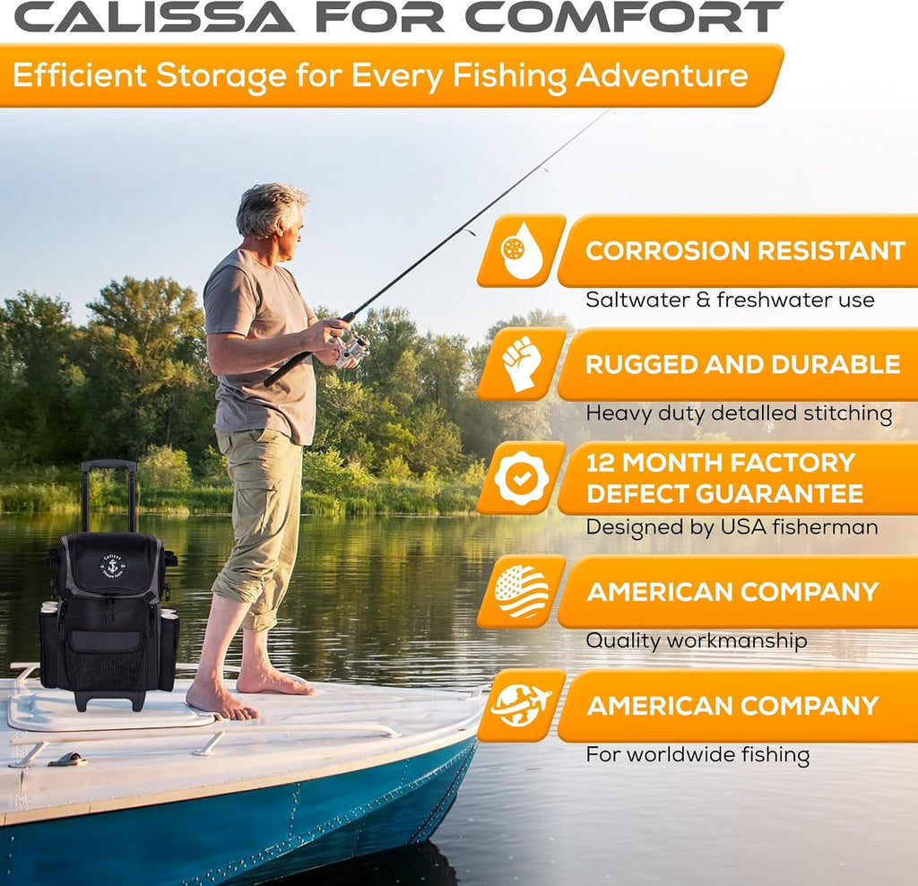 Calissa Offshore Rolling Fishing Tackle Box with Wheels, Waterproof Fishing Backpack with Rod Holders Storage Bag Roller