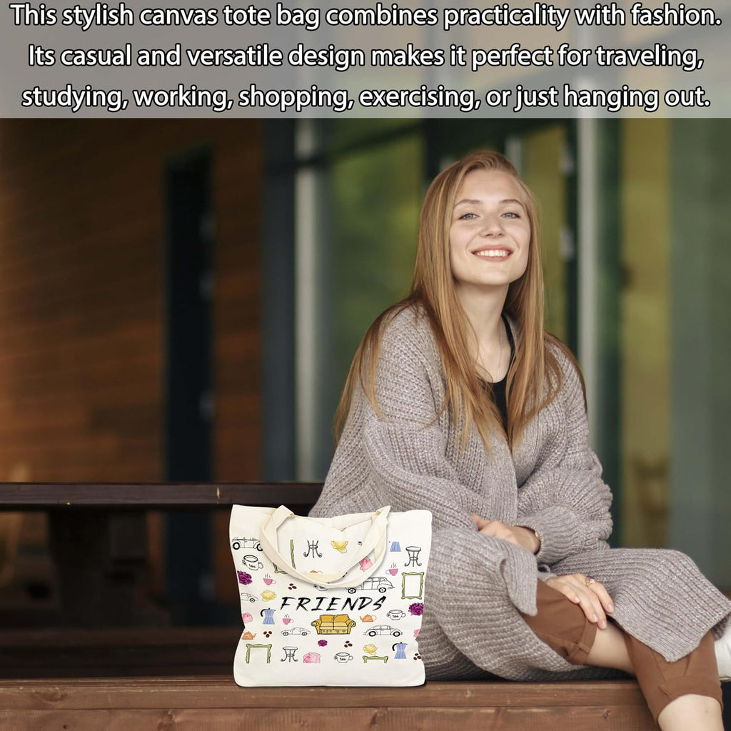 Friends Canvas Tote Bag, TV Show Gifts Tote Bags for Women, Friendship Gifts for Besties, Reusable Cloth Cotton Bags for Travel Shopping Beach - O01