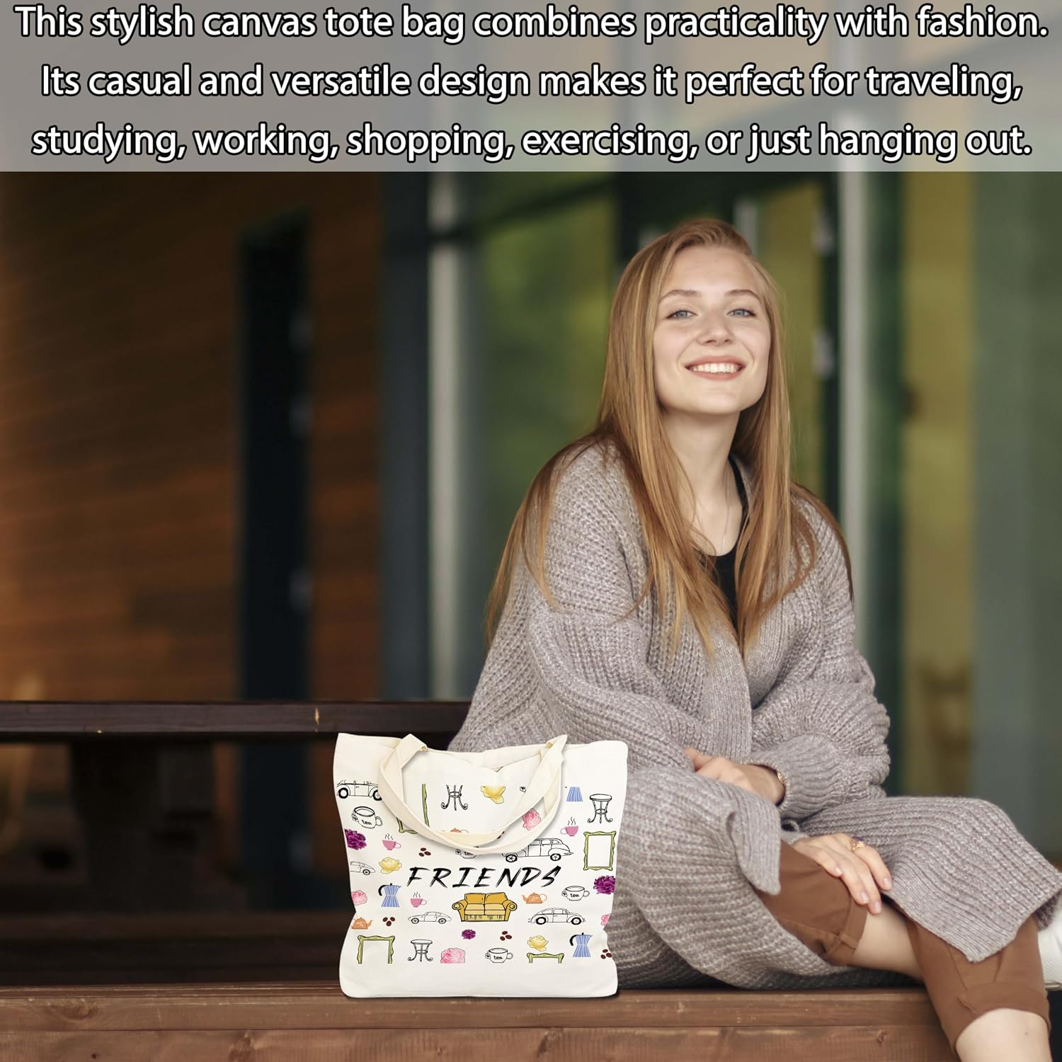 Friends Canvas Tote Bag, TV Show Gifts Tote Bags for Women, Friendship Gifts for Besties, Reusable Cloth Cotton Bags for Travel Shopping Beach - O01