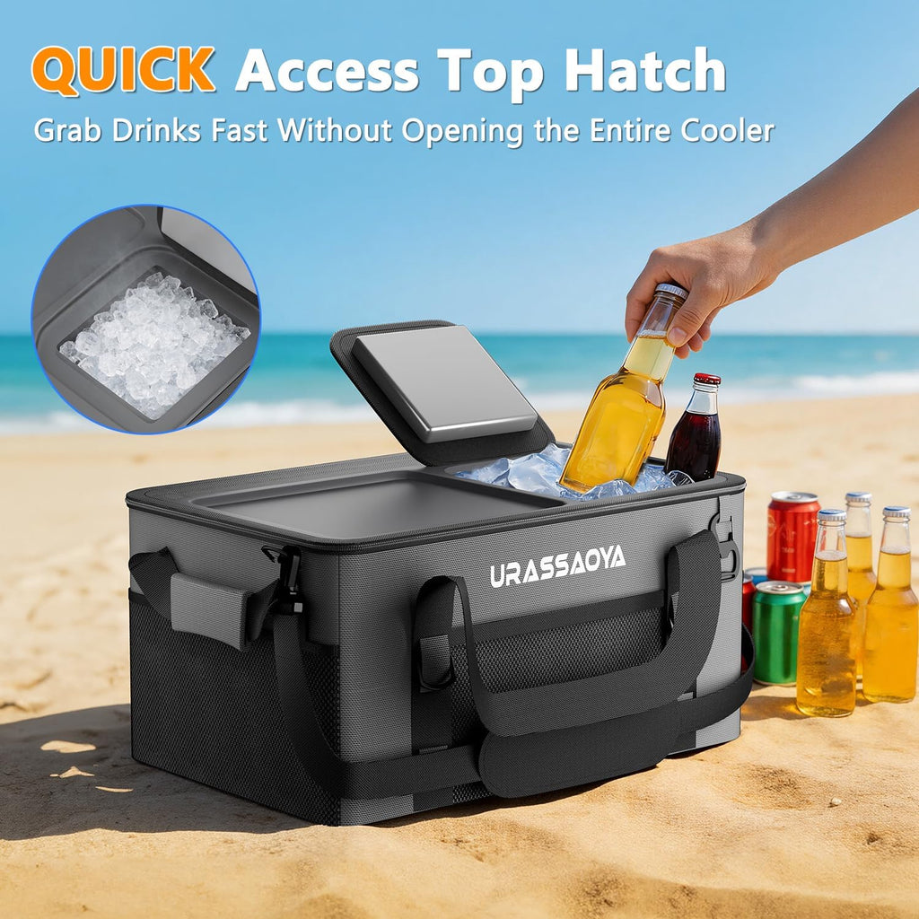 [2026 Updated] 50 Can Collapsible Soft Cooler Bag with Hard PP Lid, Leakproof Insulated Cooler with Quick-Access Top Hatch, Bottle Opener & Mini Table for Beach, Camping, Travel