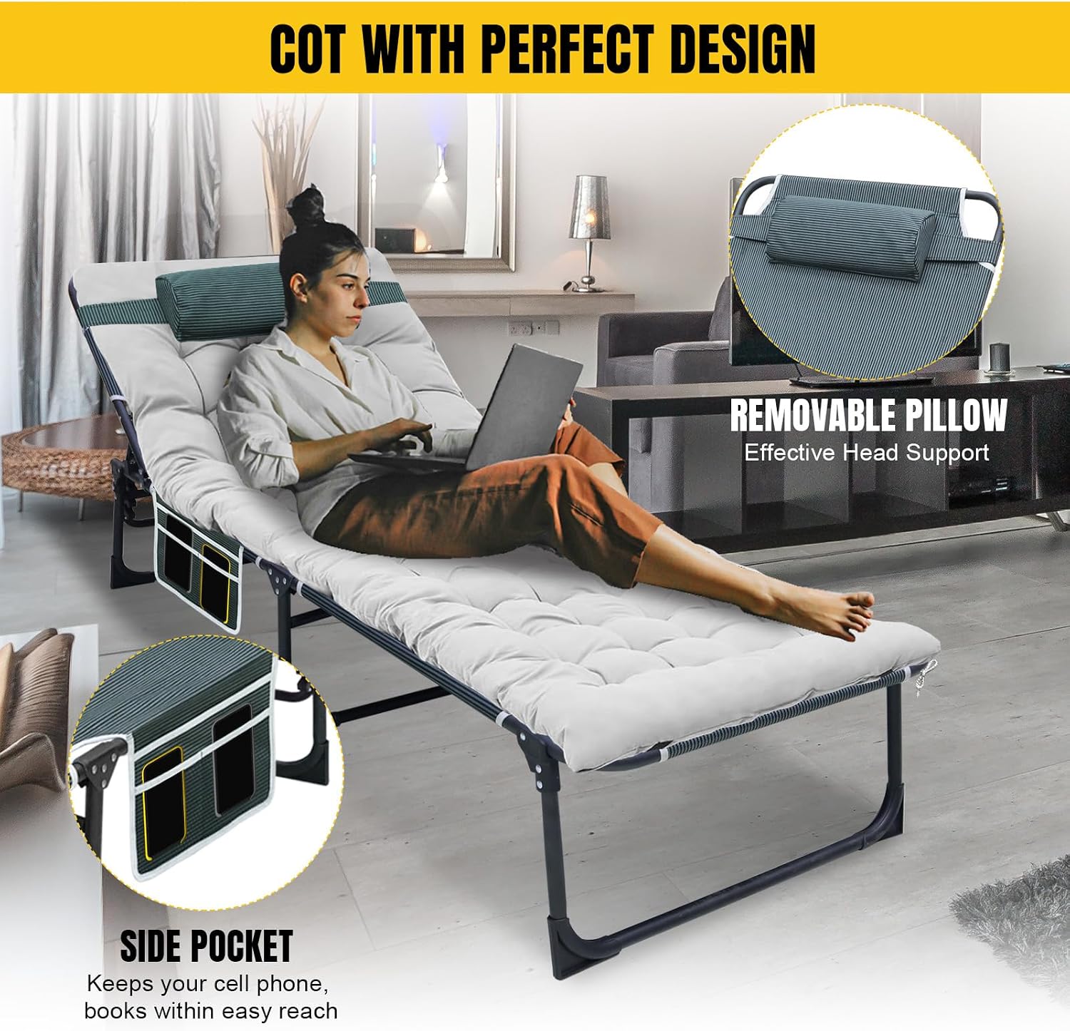 YELLOW JACKET Folding Camping Cot for Adults Adjustable 5-Position Portable Sleeping Cot Bed with Pillow and Removable Mattress Reclining Foldable Camp Cots for Outdoor,Home,Beach,Patio,Grey
