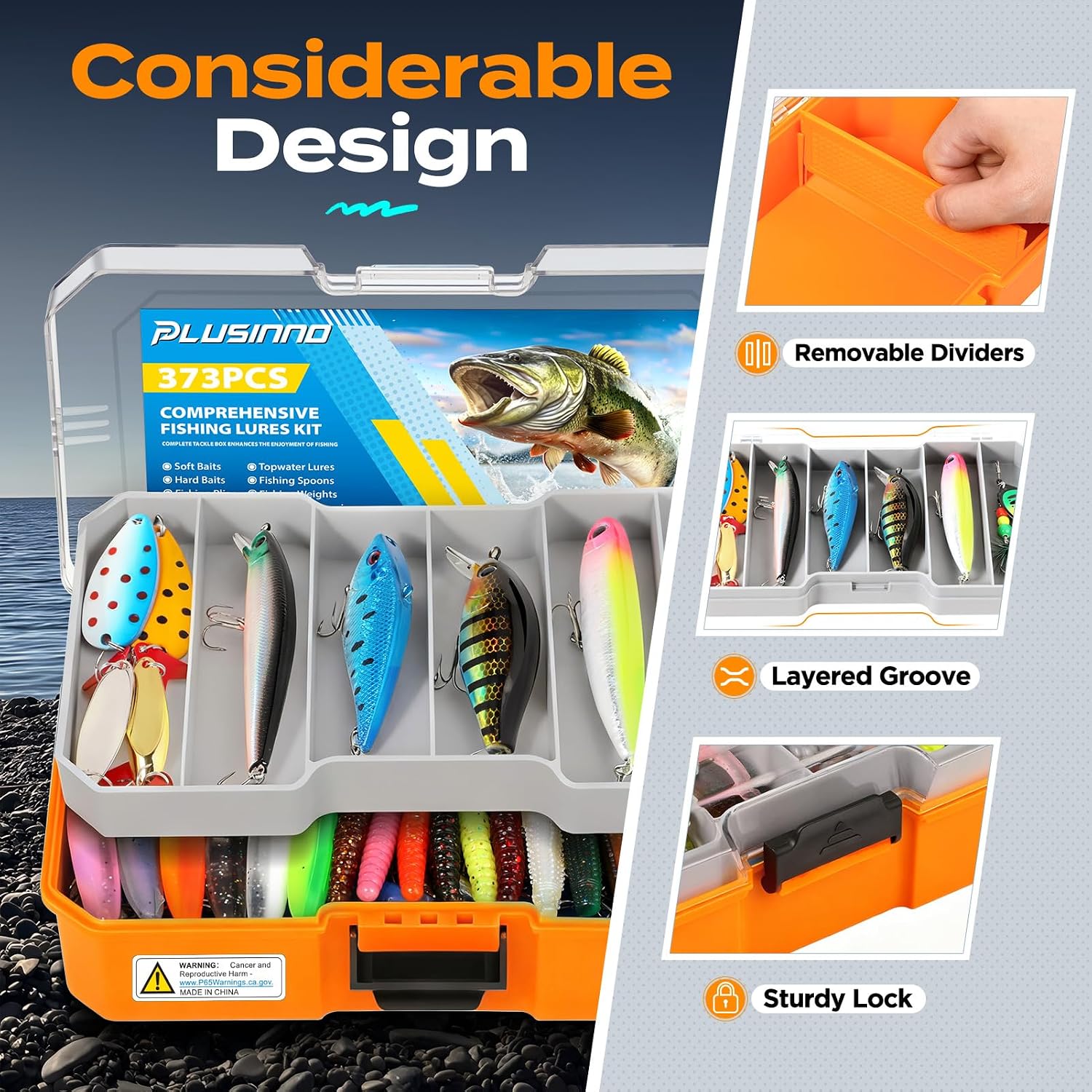 PLUSINNO Bass Fishing Lures Tackle Box Gear Kit with Tackle Included