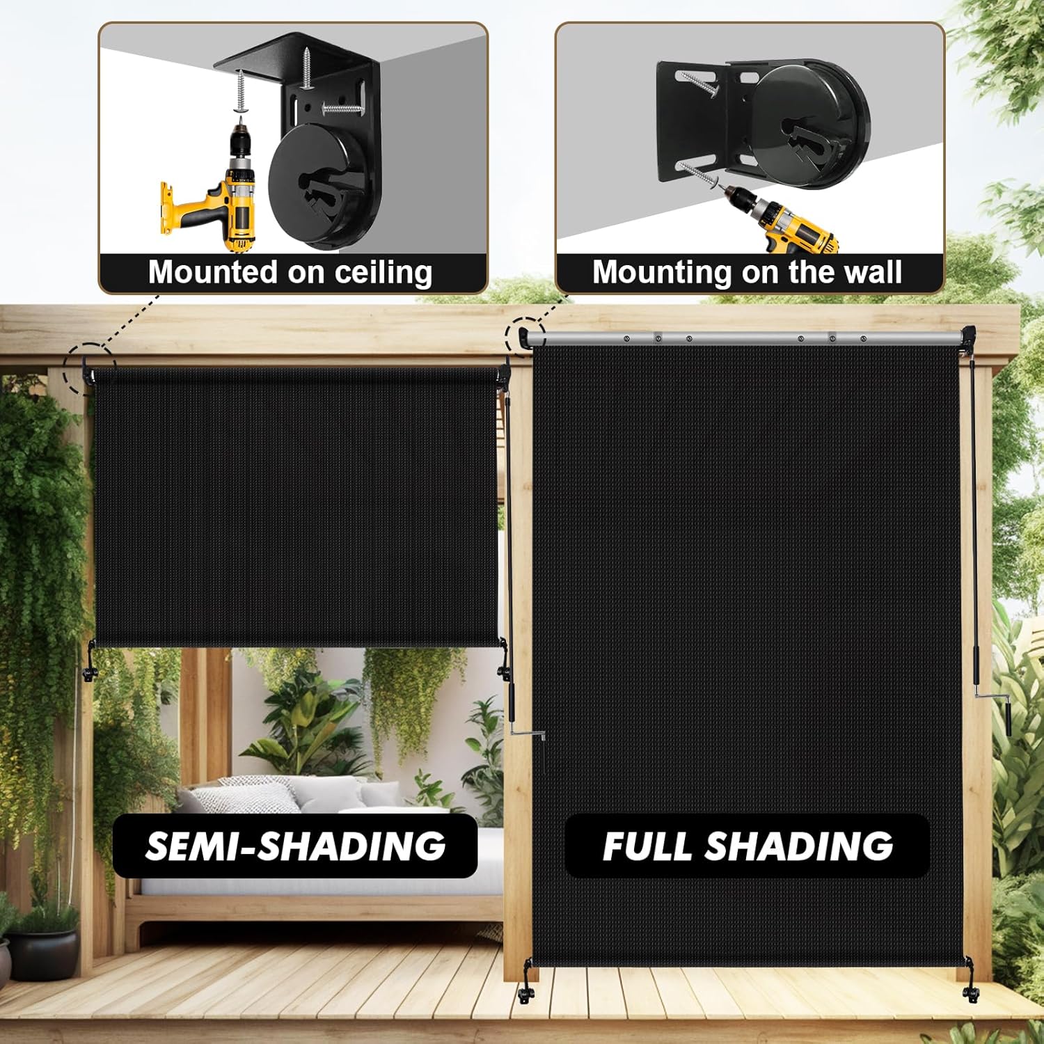 Artpuch Outdoor Roller Shade 4' W x 8' H, Black Exterior Cordless Patio Shades Roll Up Blinds for Porch Pergola Gazebo