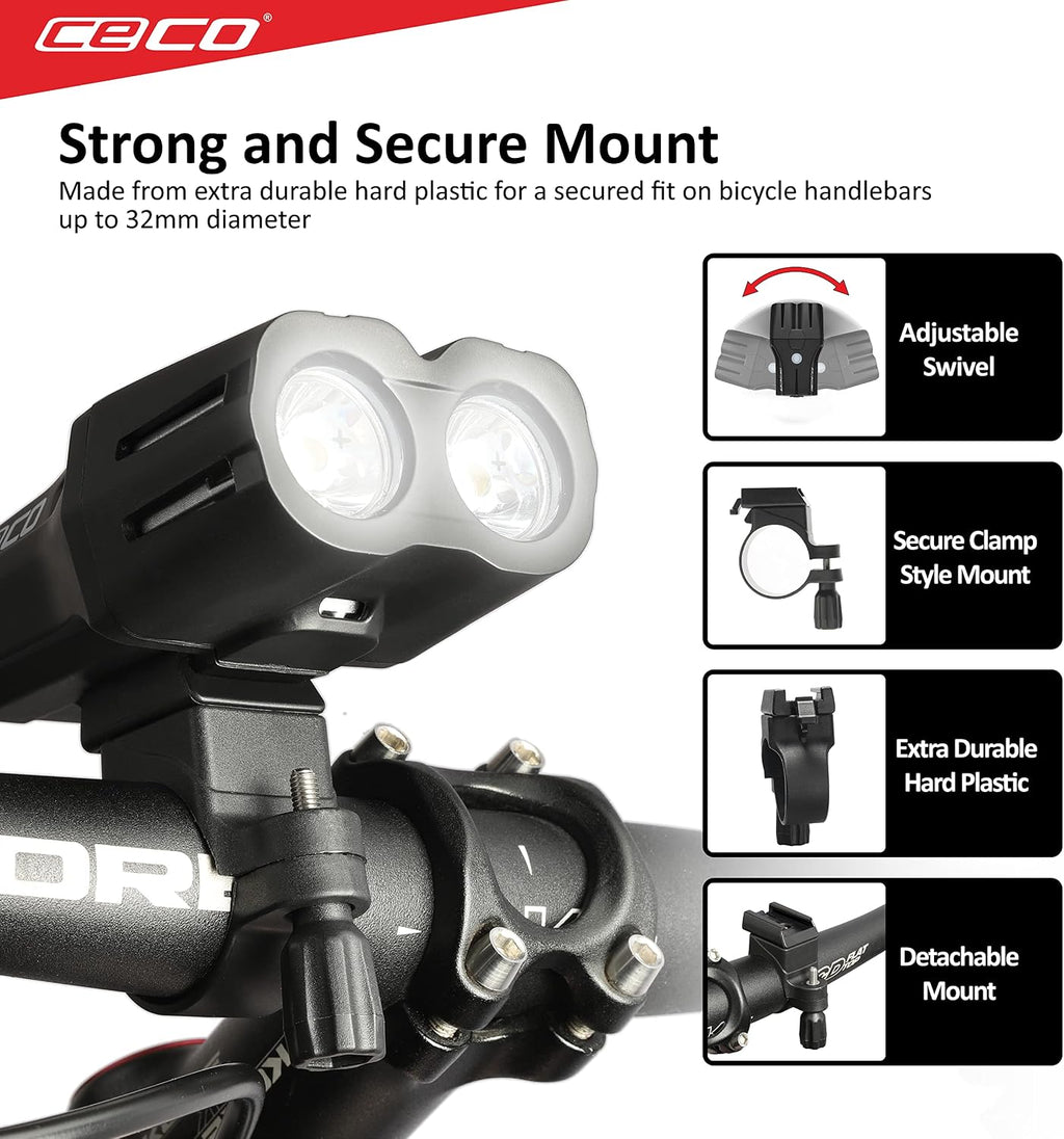CECO USA 2000 Lumens Super Bright Bike Light Front, IP67 Waterproof, FL-1 Impact Resistant, USB Rechargeable, Battery Life, Great for Commuter Road Cyclist e-Bike Mountain Bikers, Dual Beam