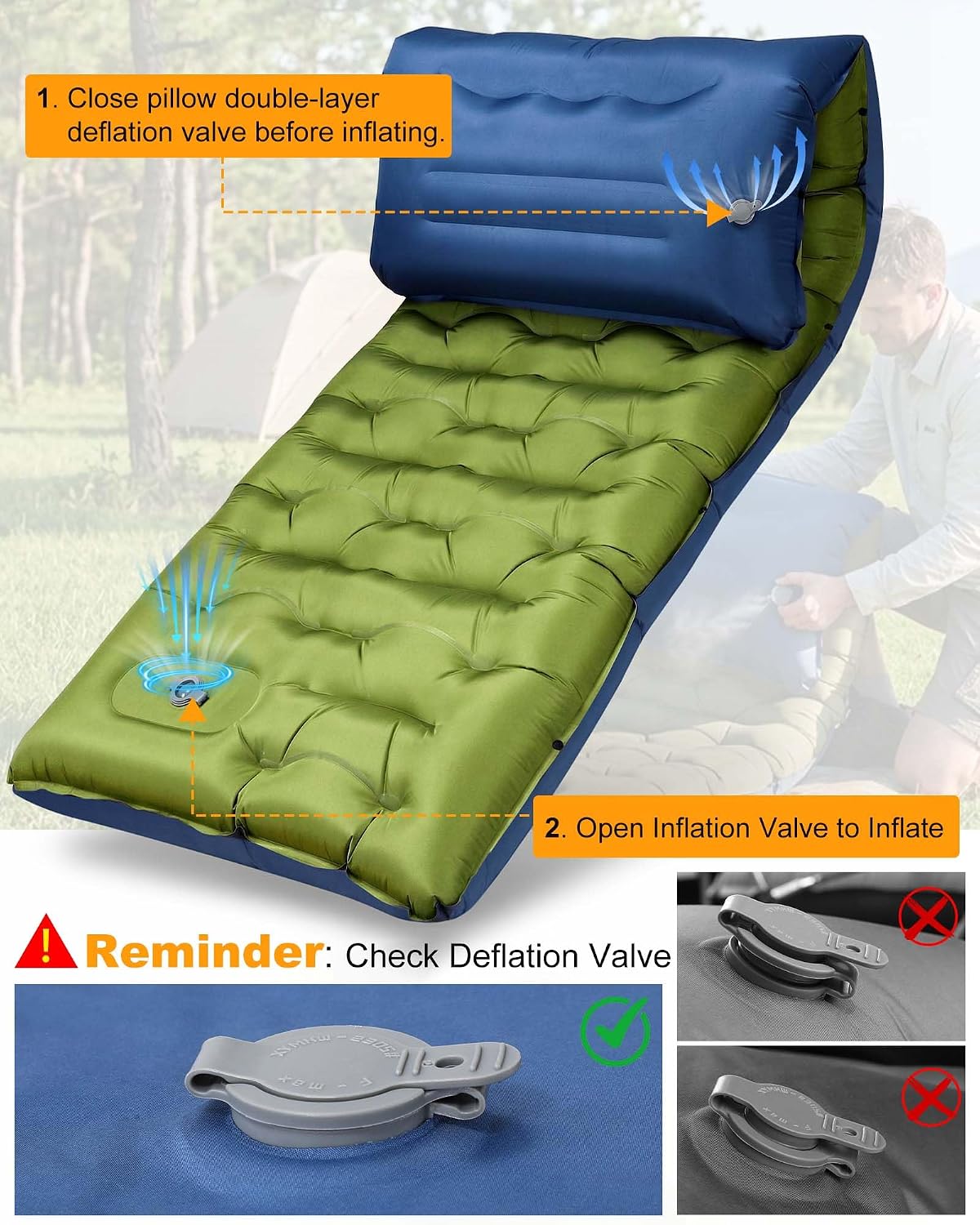 Camping Sleeping Pad,5.9 Inch Thick Camping Mat with Built in Pillow and Foot Pump,Self Inflating Sleeping Pad for Camping Backpacking（Green