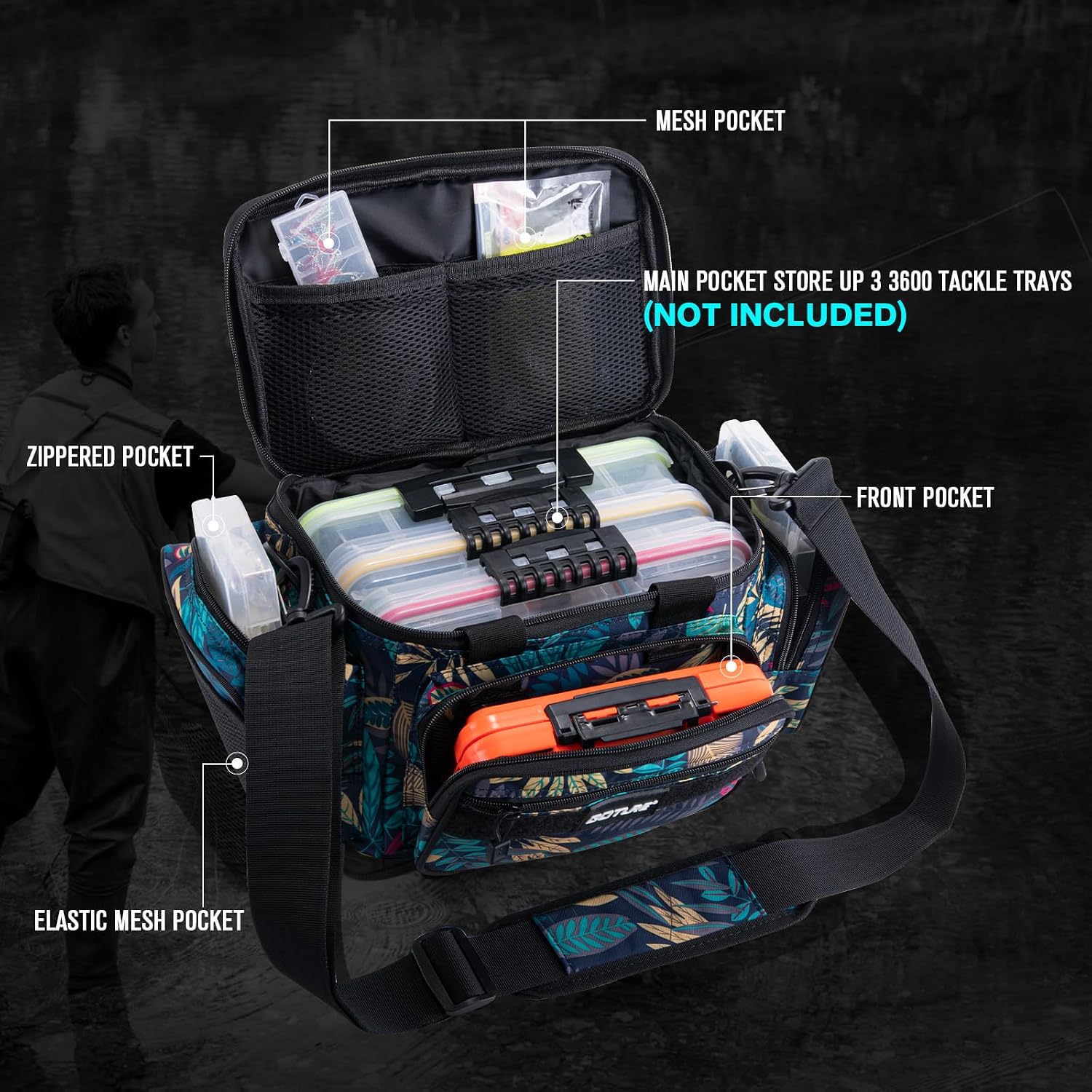Goture Fishing Tackle Bag, Freshwater Saltwater Fishing Bag, Blue Leaf