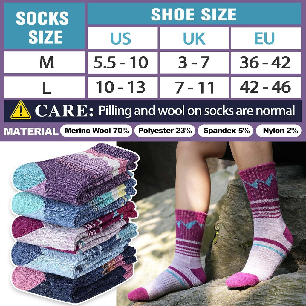 Sandsuced Merino Wool Hiking Warm Socks Thermal Winter Cozy Crew with Cushioned Sole & Moisture Wicking 5 Pairs for Women