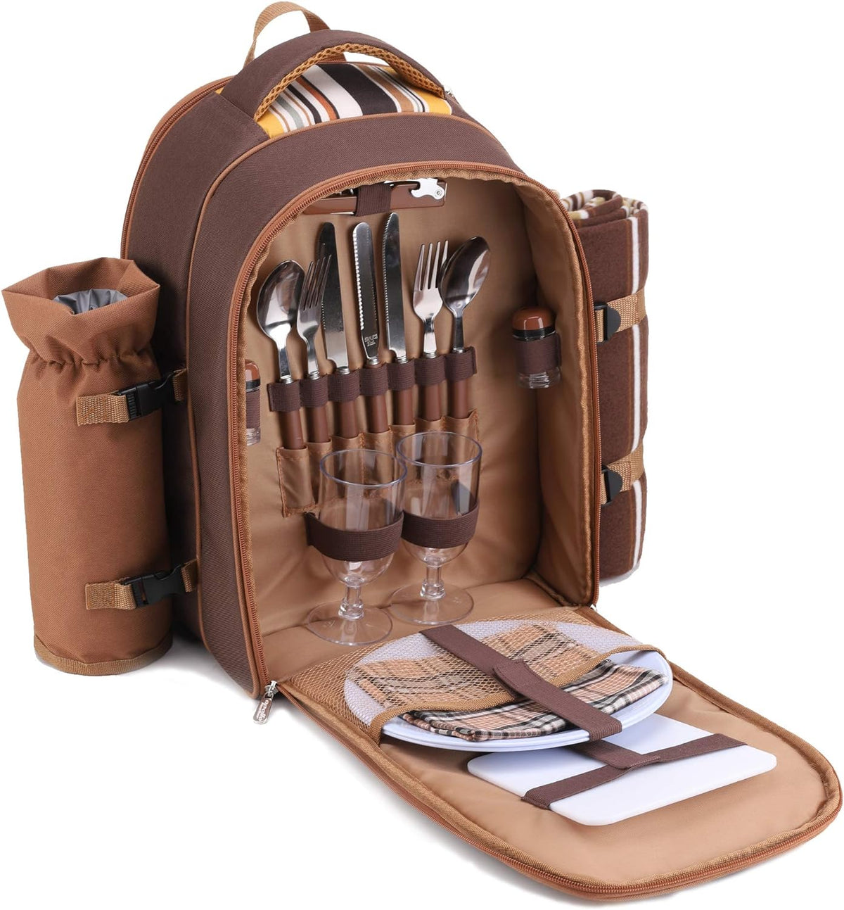 Picnic Backpack, 2-Person with Blanket & Wine, Family & Lovers Gift, Brown