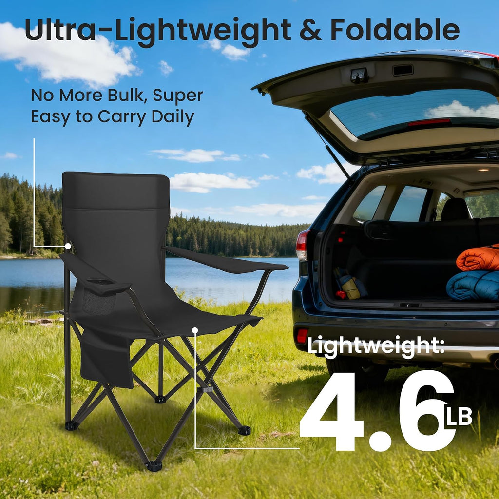Camping Chairs for Adults 2 Pack, 300LBS Heavy Duty Reinforced Steel Portable Folding Chairs, Ergonomic High Back Outdoor Chair with Cup Holder & Side Pocket, Lightweight Set for Beach Picnic, Black