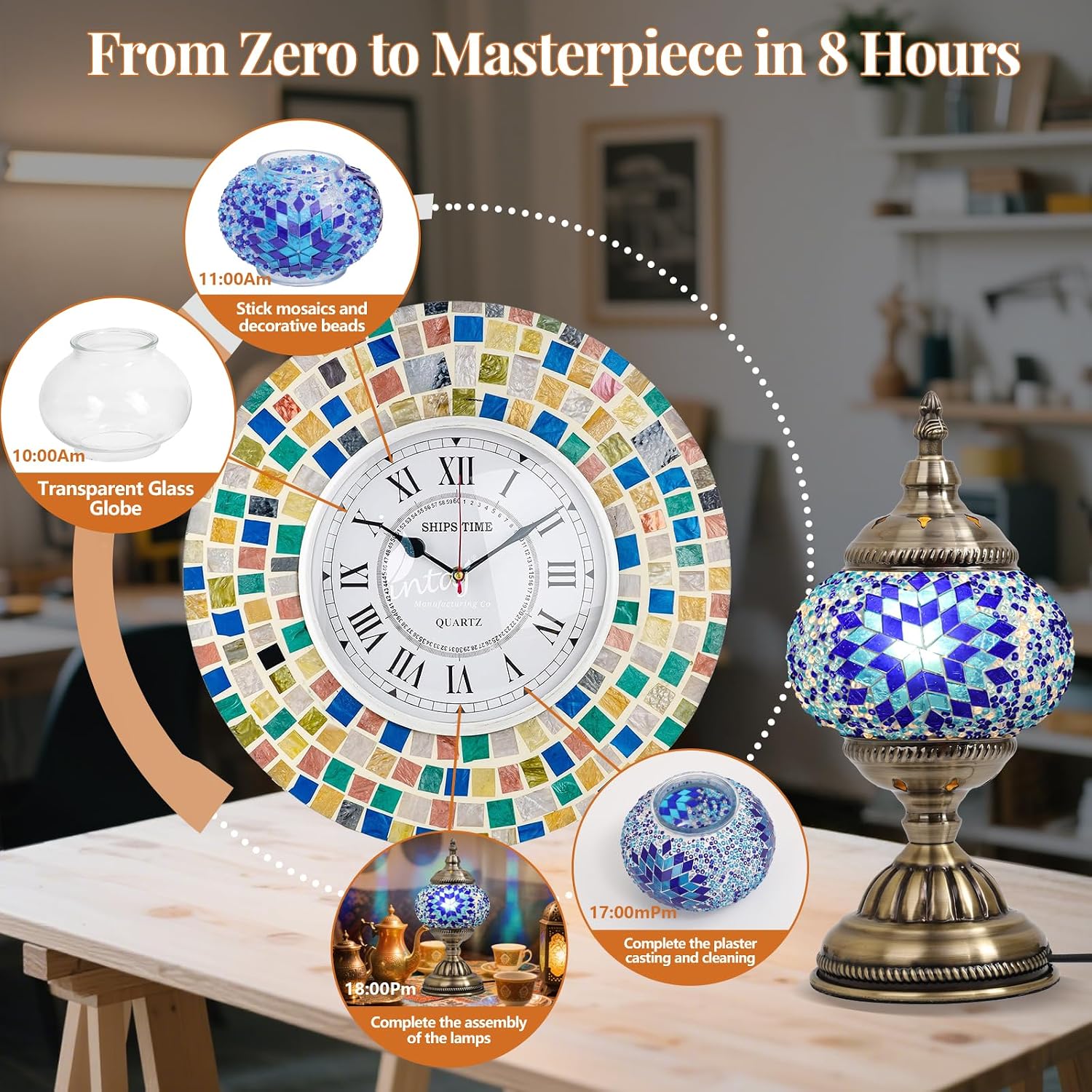 DIY Turkish Mosaic Lamp Kit for Adults & Teens, 5.2" Shade, Blue