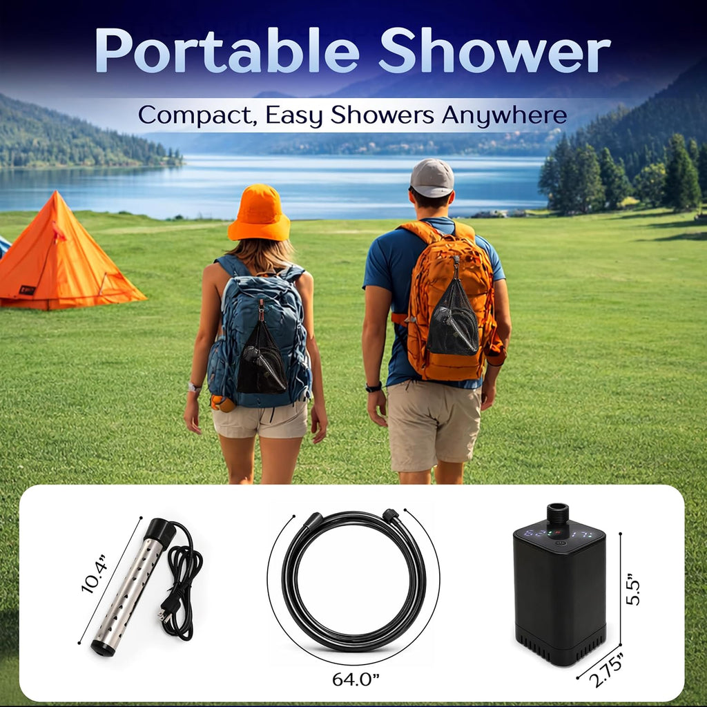 Outdoor Portable Shower with Immersion Water Heater – Low Noise Portable Camping Shower with LED Display, 3 Adjustable Water Levels – Heated Portable Shower Kit for Travel, Pets, Hiking, and Camping