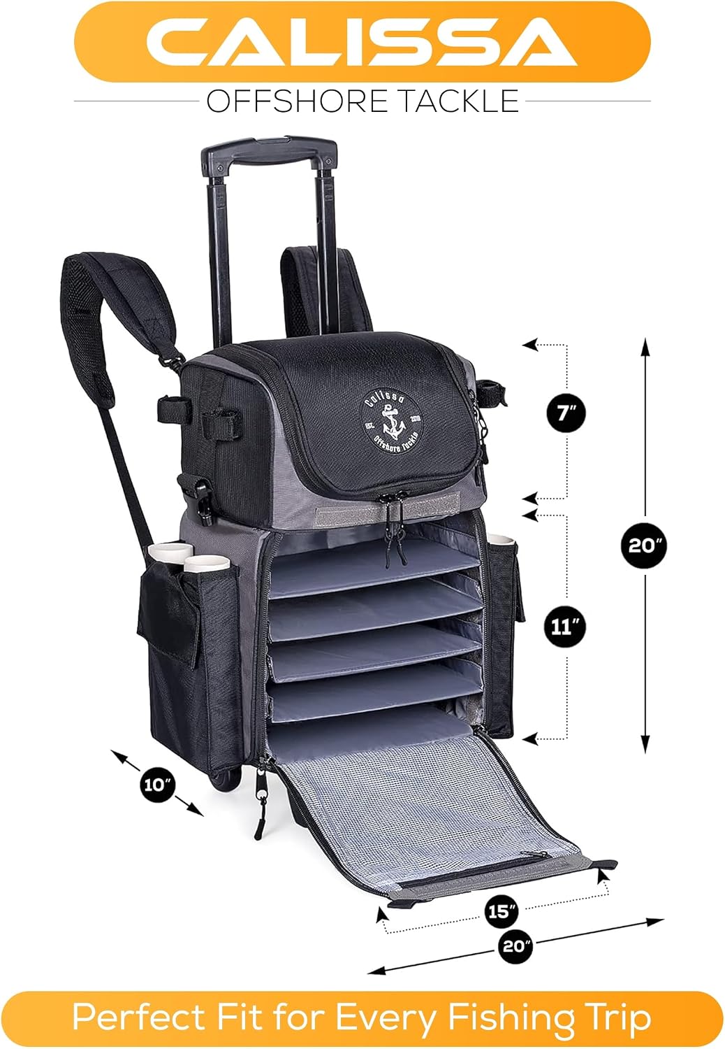 Calissa Offshore Rolling Fishing Tackle Box with Wheels, Waterproof Fishing Backpack with Rod Holders Storage Bag Roller