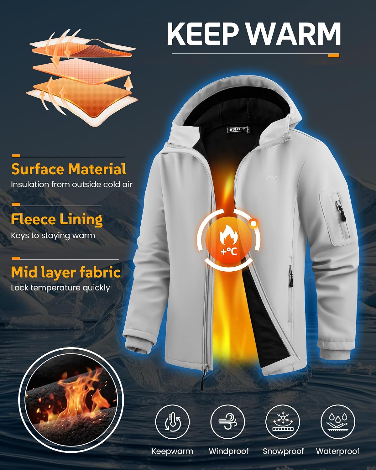 WULFUL Men's Lightweight Softshell Jacket Warm Fleece Lined Windbreaker Waterproof Soft Shell for Outdoor Hiking