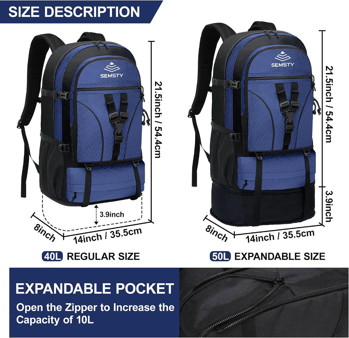 40L/50L Expandable Hiking Backpack for Men & Women，Camping Backpack