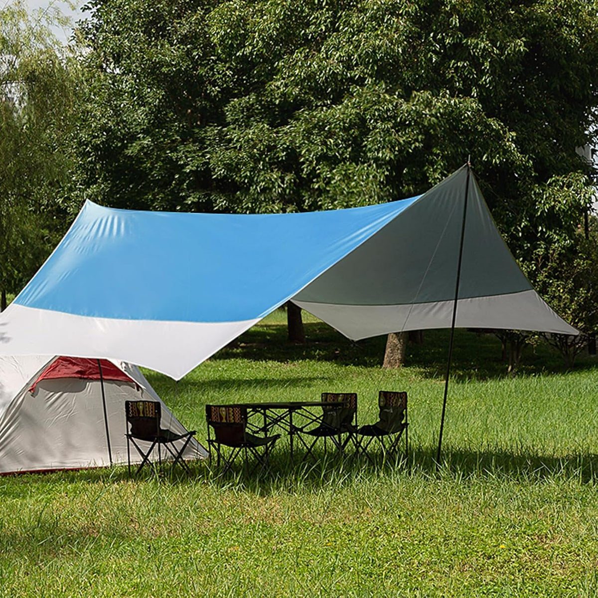 12X14FT Camping Tarp with 2 Poles, UV UPF50+ Lightweight Car Awning Sun Shelter, PU3000 Waterproof Tarp for Camping, Hiking and Backpacking Trips