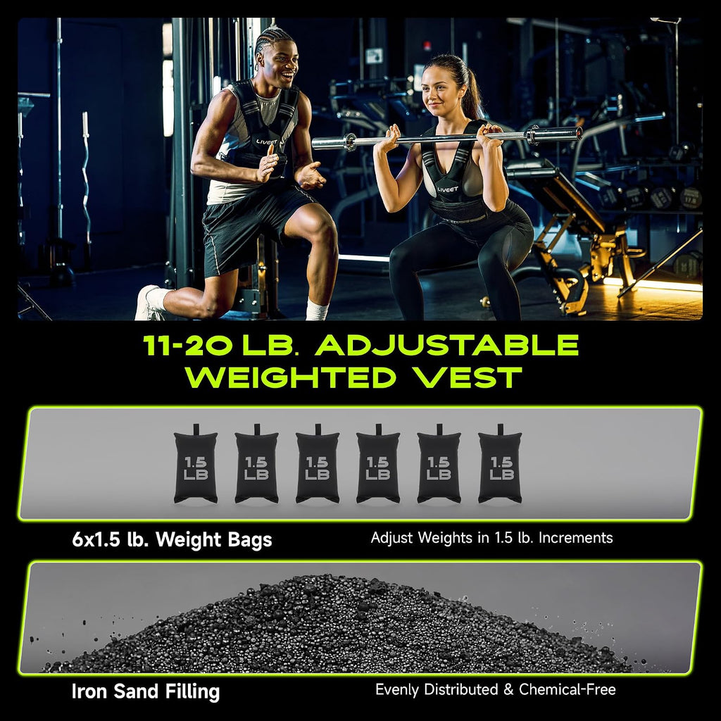 Adjustable Weighted Vest for Women Men, 4-10lb 11-20lb 20-32lb Weight Vest with 6 Ironsand Bags, Running Vest with Reflective Strips Adjustable Buckle Straps for Walking Strength Training