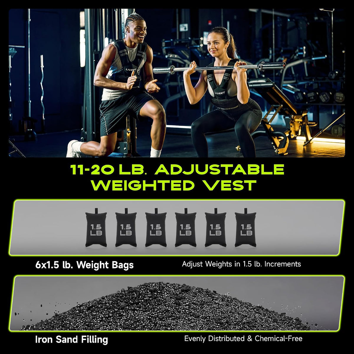 Adjustable Weighted Vest for Women Men, 4-10lb 11-20lb 20-32lb Weight Vest with 6 Ironsand Bags, Running Vest with Reflective Strips Adjustable Buckle Straps for Walking Strength Training