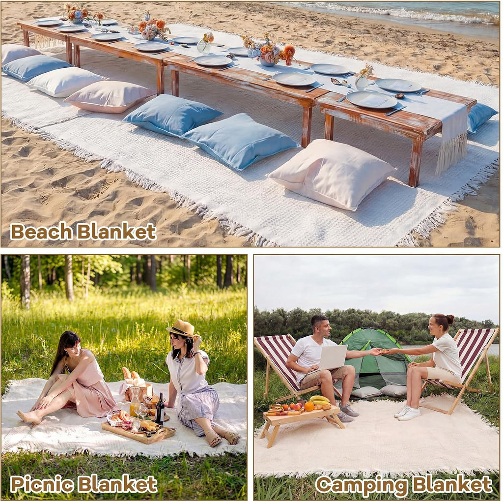 91x71 in Beach Blanket Picnic Blanket Cotton, Milky White, Waffle