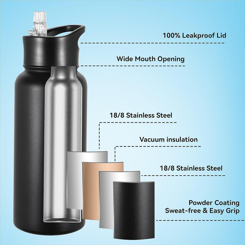 VEGOND 32 oz Insulated Water Bottle Stainless Steel Metal Water Bottles with Leak Proof Straw Lid & Spout Lid, Wide Mouth Double Walled Vacuum Travel Sports Bottle, Black