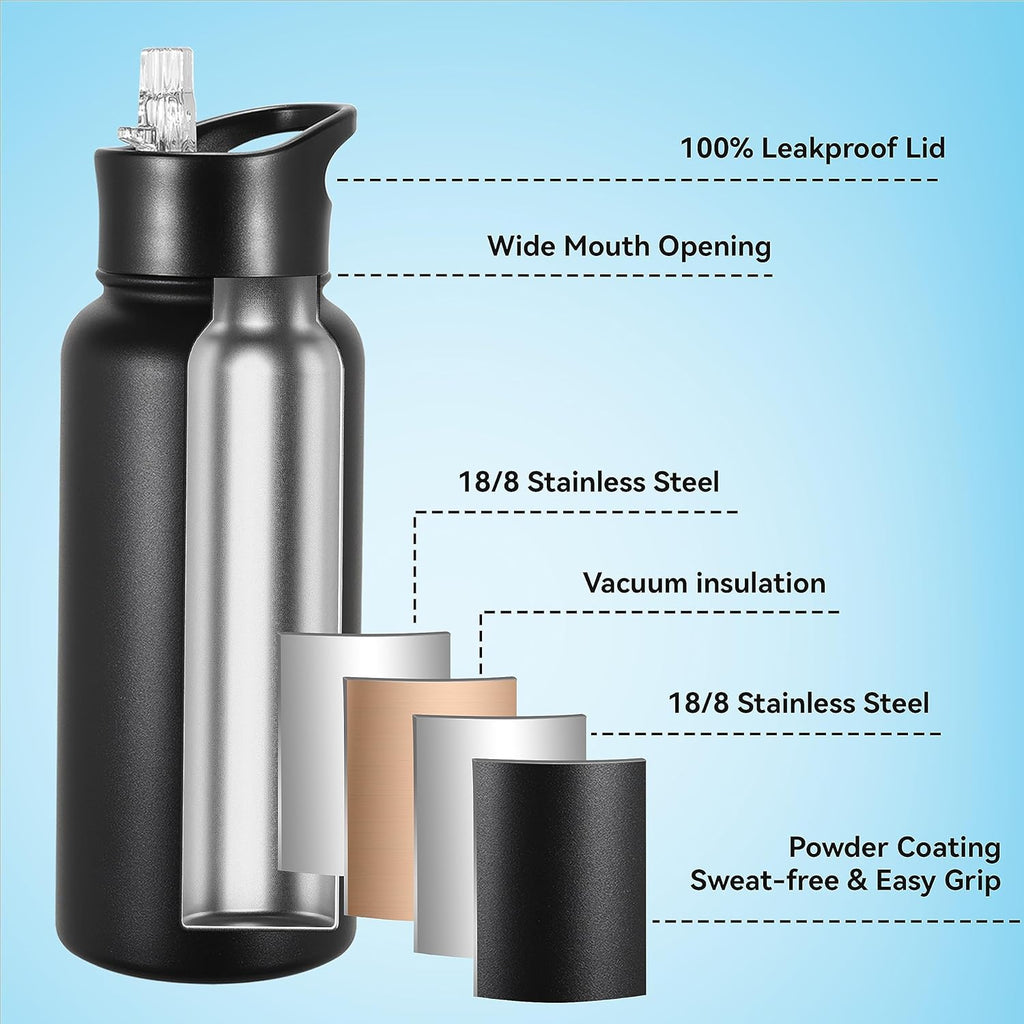 VEGOND 32 oz Insulated Water Bottle Bulk Stainless Steel Metal Water Bottles with Leak Proof Straw Lid & Spout Lid, Wide Mouth Double Walled Vacuum Travel Sports Bottle, 8 Pack