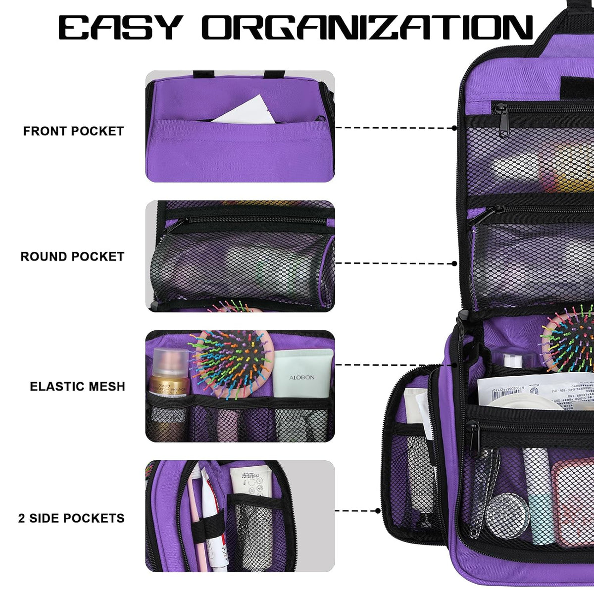 Goloni Hanging Toiletry Bag for Men Women, Water-Resistant Organizer,Purple