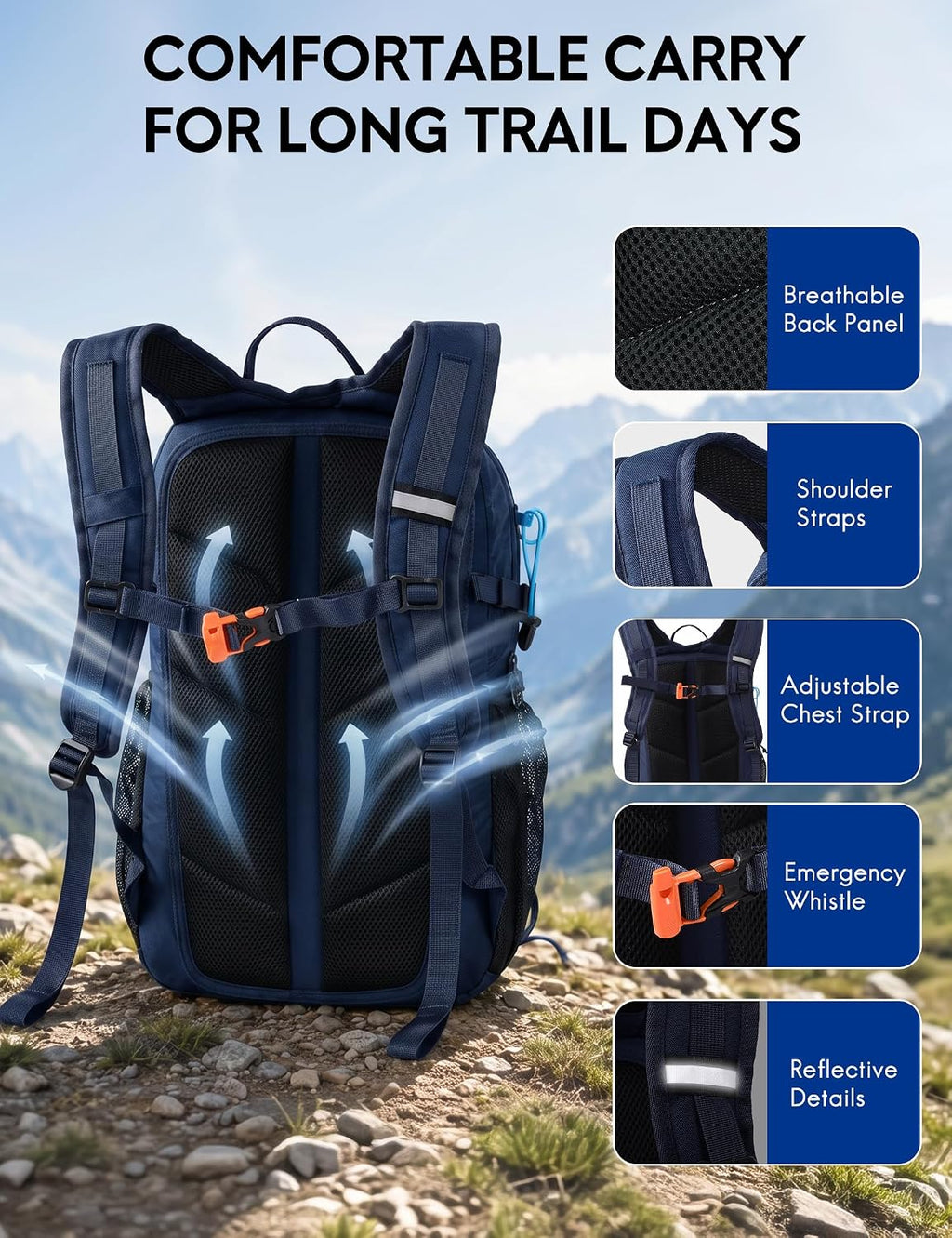 Haimont 25L Lightweight Hiking Daypack with Rain Cover, Navy Blue