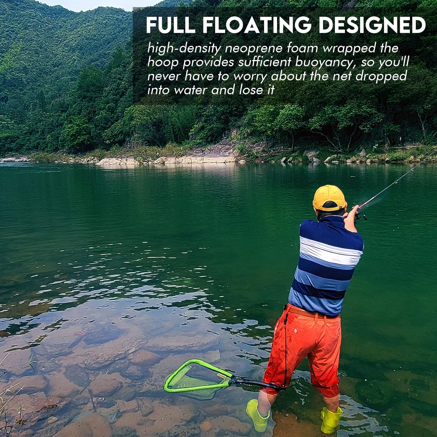 Black Paw Floating Fishing Net Foldable Telescopic Fish Landing Net with Built in Length Scale Rubber Coated for Kayak, Fly, Trout