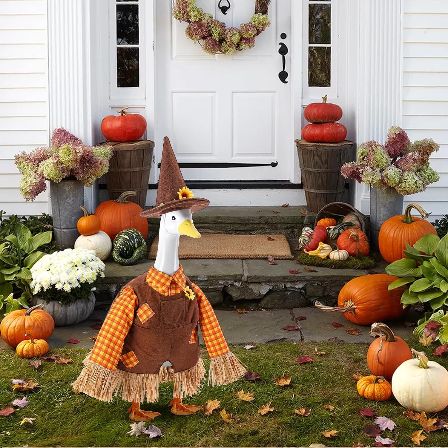 DECOHS 2 Pcs/Set Scarecrow Porch Goose Outfits, Fall Thanksgiving Lawn Goose Statue Scarecrow Costume, Garden Goose Scarecrows Clothes Hat for 23" Statue Autumn Halloween Outdoor Patio Yard Decoration