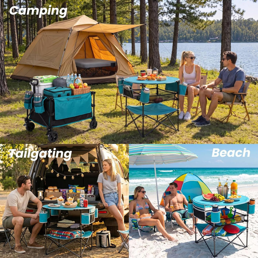 FUNDANGO Folding Beach Table, 3-Tier Removable Mesh Shelf, 4 Cup Holders