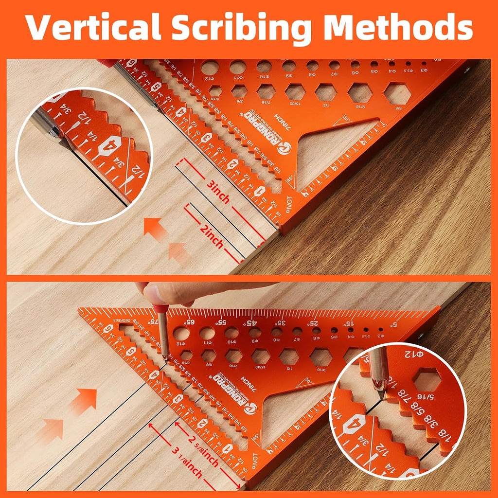 2pcs Rafter Square, 12-inch & 7-inch Carpenter Sqaure Set withWoodworking Pencil, Carpenter Measuring Layout Tool,Aluminum Alloy Triangle Ruler for Woodworking- Imperial