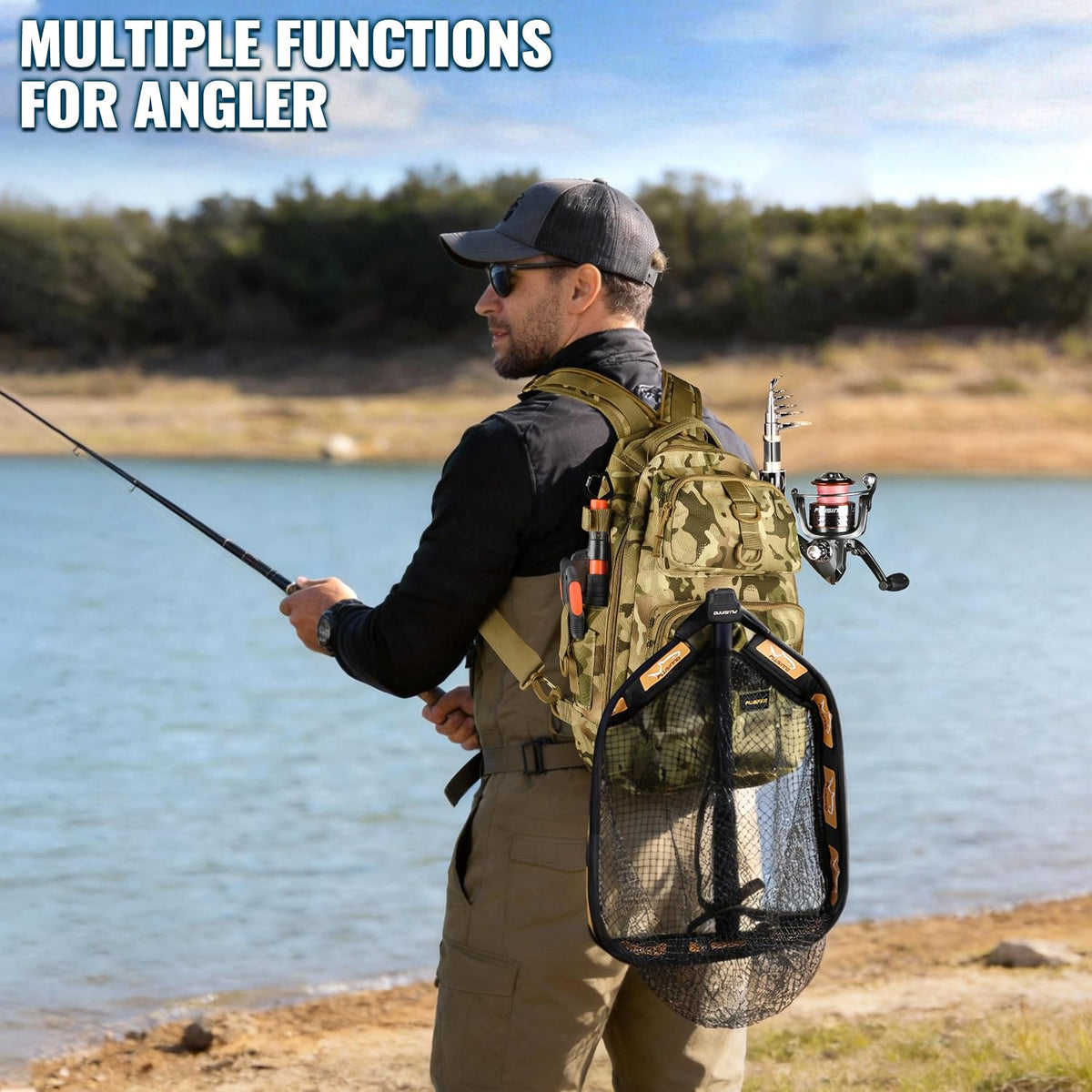 PLUSINNO Fishing Backpack with Fishing Net, Tackle Bag for Fishing Gear