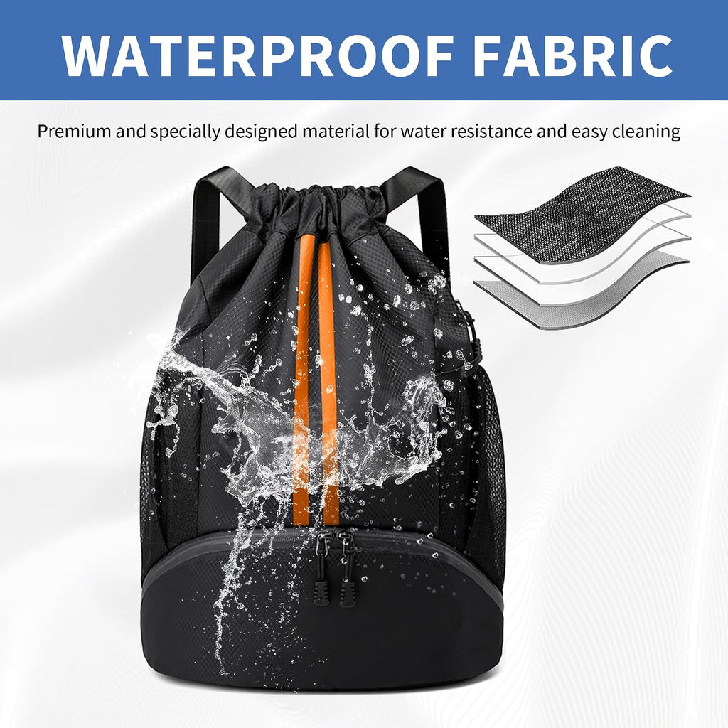 JELUTAR Drawstring Backpack Gym Bag with Shoes Pocket, Black Orange