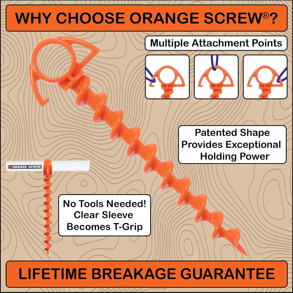 Orange Screw Ultimate Ground Anchors: Heavy Duty Screw-in Tent Stakes for High Wind, Sand, Canopies, and Camping - Made in USA, 100% Recycled, Included T-Grip Tool - (Small, 4 Pack)