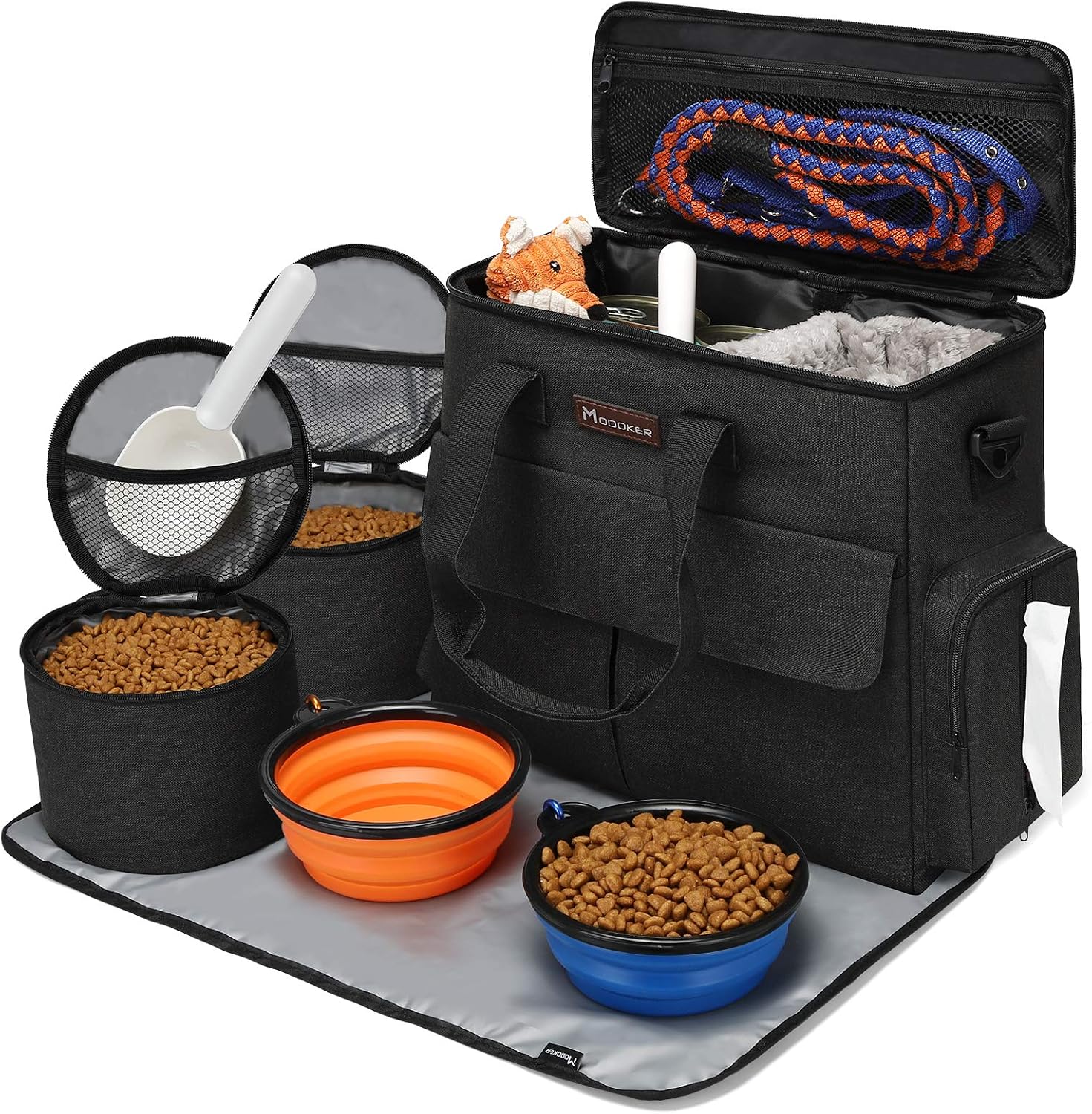 Modoker Weekend Dog Travel Bag Set with 2 Food Bags, 2 Bowls and Mat, Black