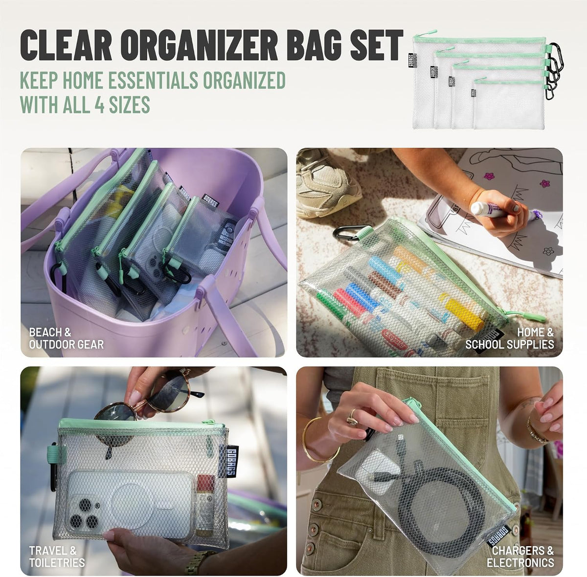 GOBAGS Air Production Multi‑Size Clear Zipper Pouch (4‑Pack) – Cable Organizer & Travel Gear Bag for Electronics, Camera Accessories, Tool Pouch & Small Tech Storage (Mint Green)