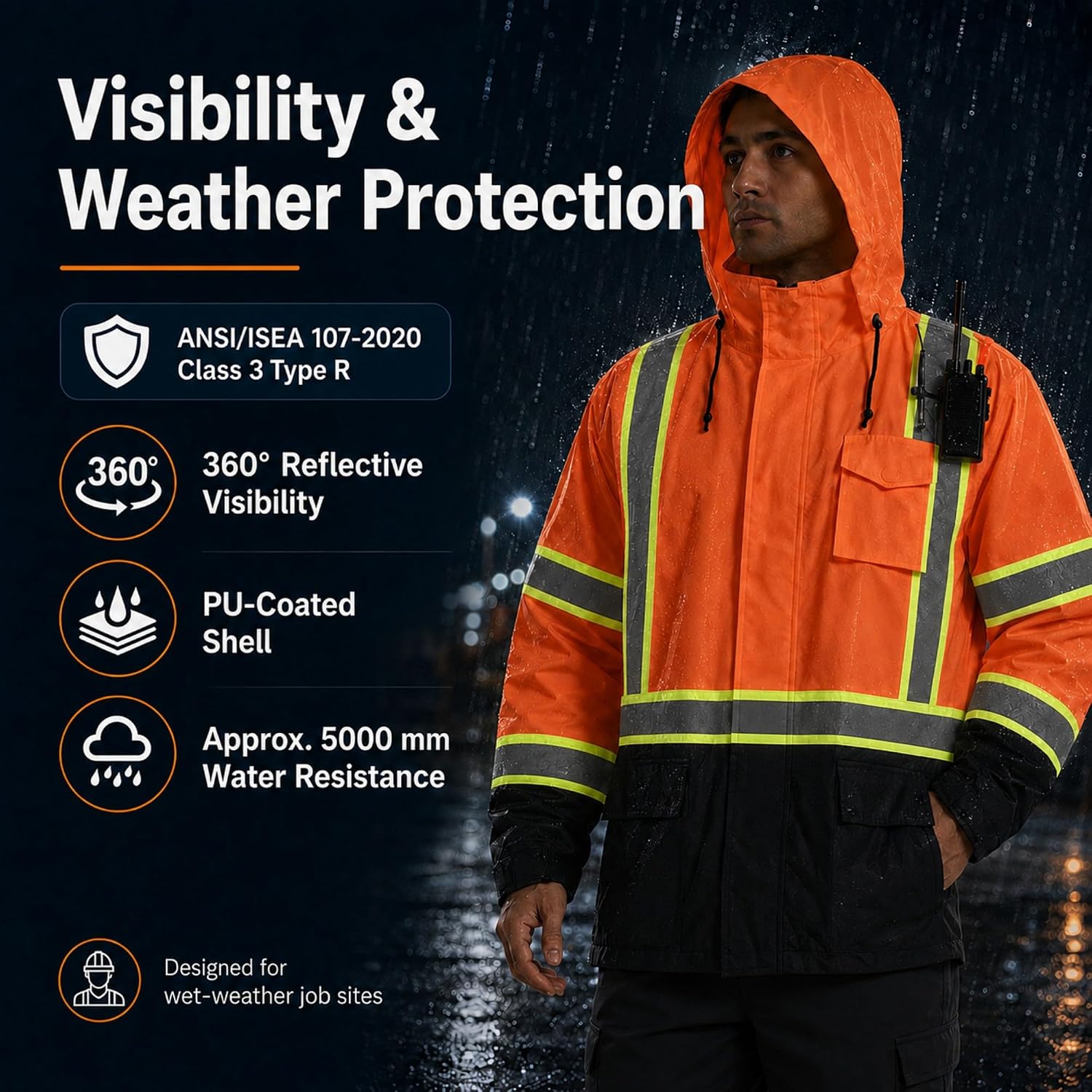 SKSAFETY Hi Vis Safety Rain Jacket for Men, Construction Work Rain Gear Heavy Duty Class 3 Rain Coat Waterproof Lightweight
