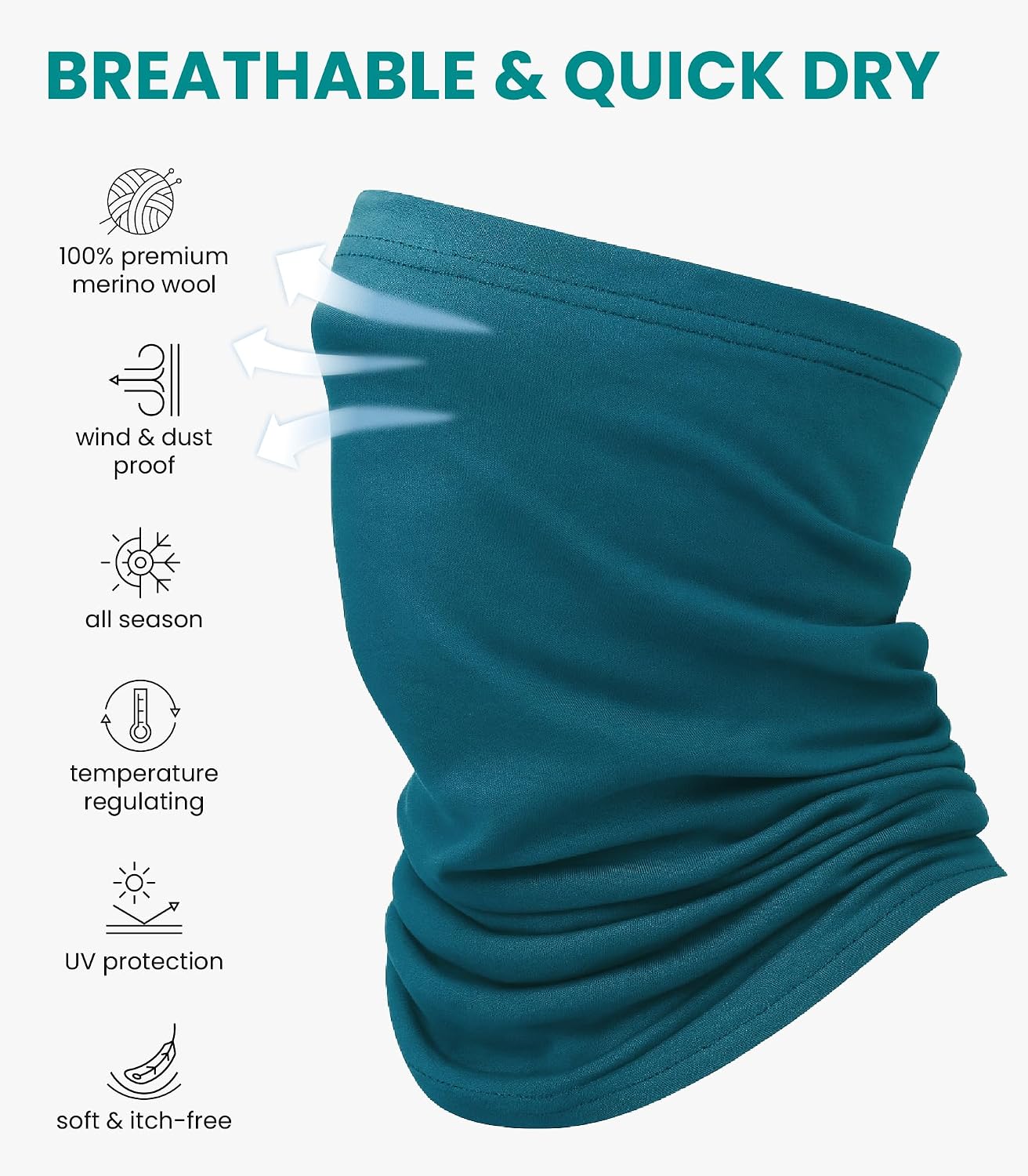 100% Merino Wool Neck Gaiter, 17.5um Face Mask, Unisex Neck Warmer 1-2 Pack