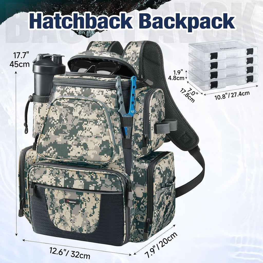 Piscifun Fishing Tackle Backpack with 2 Rod Holders, 4 Boxes & Rain Cover
