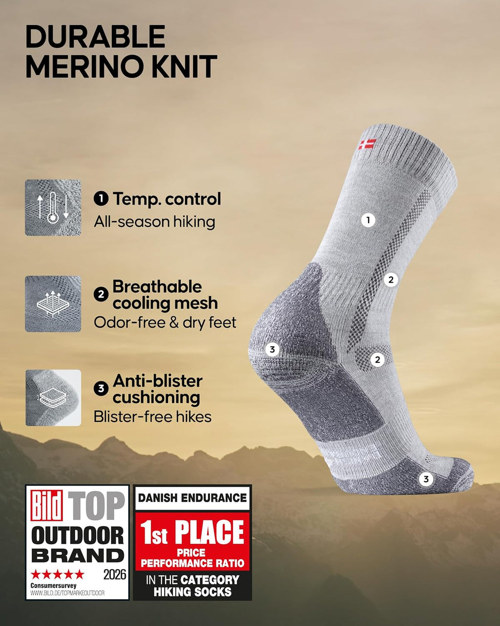 DANISH ENDURANCE Hiking Socks, Merino Wool, Anti-Blister, 3 & 5-Pack
