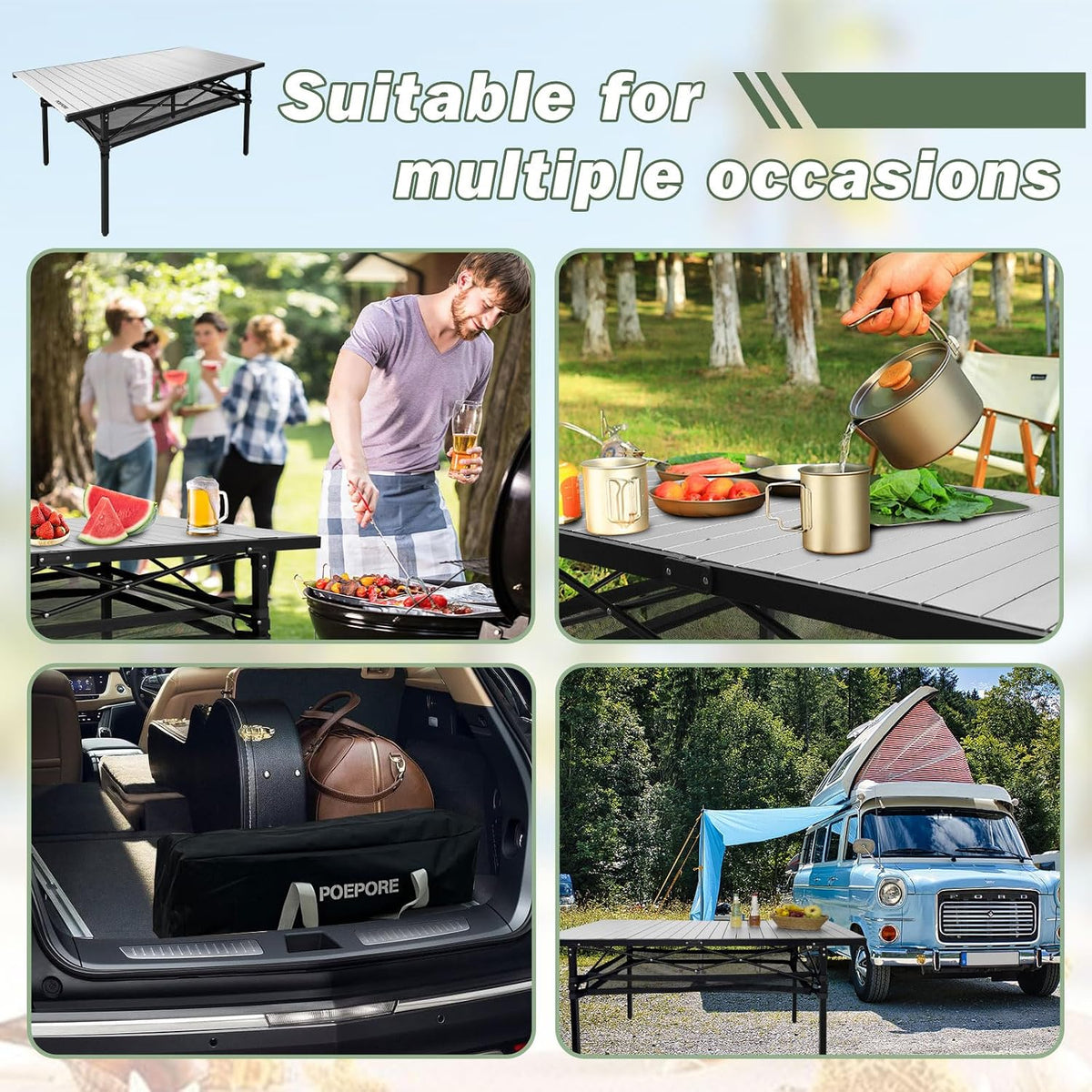 Large Folding Camping Table Aluminum with Storage for 4-6 People 55"X27.5" Roll Up Tall Outdoor Portable Table Lightweight with Carry Bag for Picnic BBQ Backyard Beach