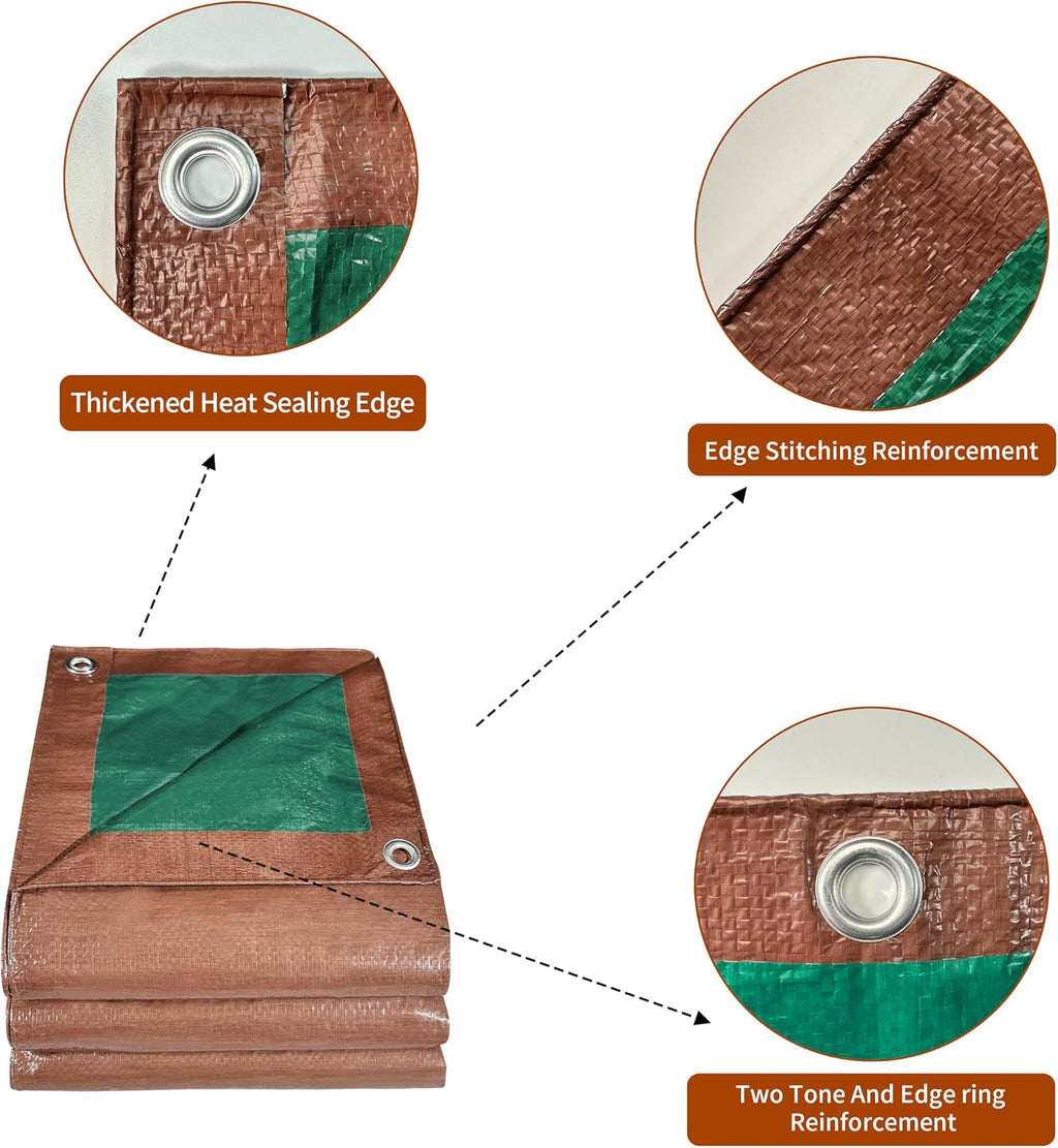 50x50Ft 7mil Waterproof Tarp Reinforced Edges Grommets, Green/Brown