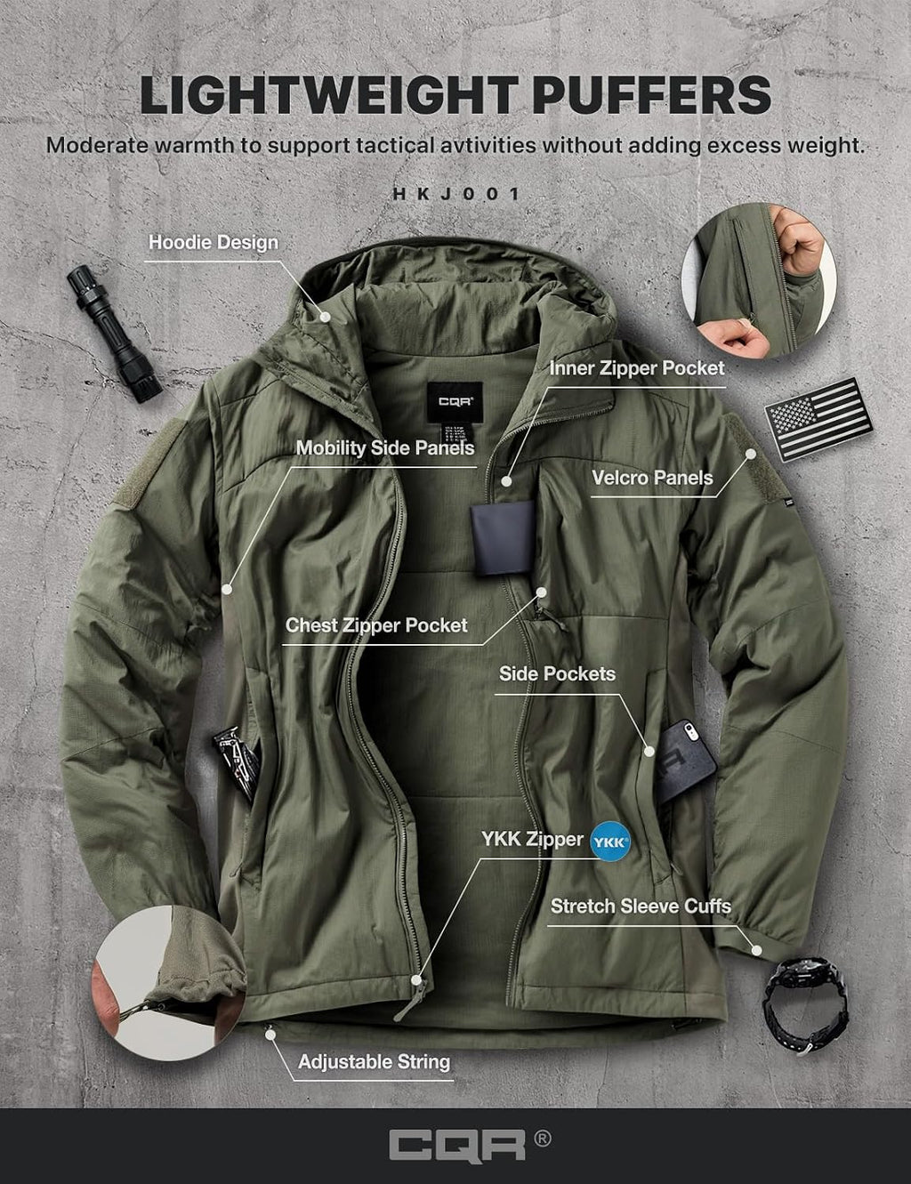 CQR Men's Lightweight Warm Insulated Jacket, Windproof Water Resistant Winter Active Coat for Hiking Work Outdoor Tactical