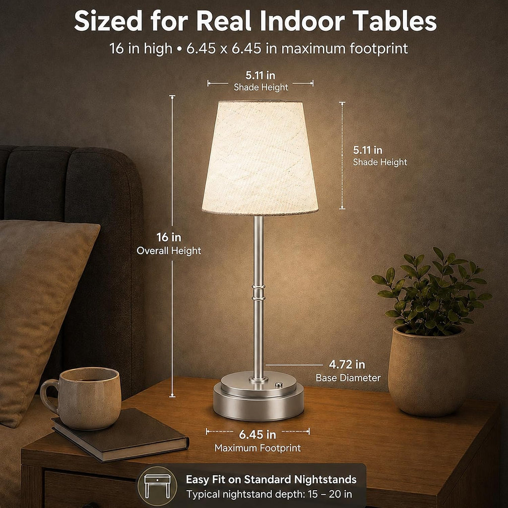 Rechargeable Cordless Table Lamp, Battery Operated Bedside Lamp, Silver