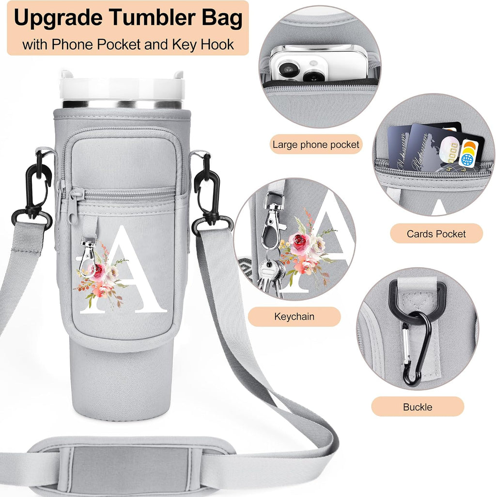 Initial Water Bottle Holder with Strap for Stanley Cup Accessories 40 oz/Simple Modern Tumbler, Birthdays for Women Girls, Water Bottle Carrier Bag with Phone Pocket,Hiking Walking Gym Camping