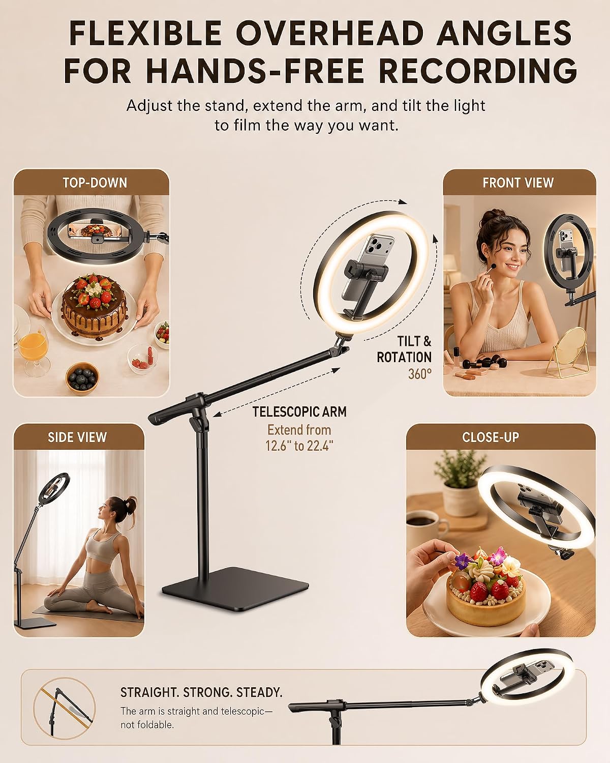 LUXSURE 10" Overhead Ring Light for Desk with Weighted Base, Freestanding Telescopic Phone Mount, Phone Stand with Light & Remote for Video Recording, Cooking, Crafts, Live Streaming